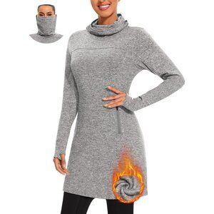 Women's Fleece Dress Running Sweatshirts Dresses with Thumb Holes Pocket Grey